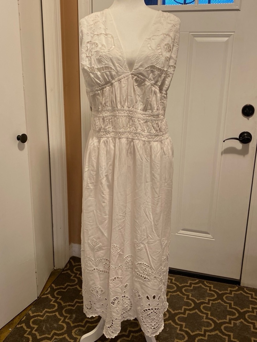 Sleeveless White Eyelet V-Neck Maxi Dress